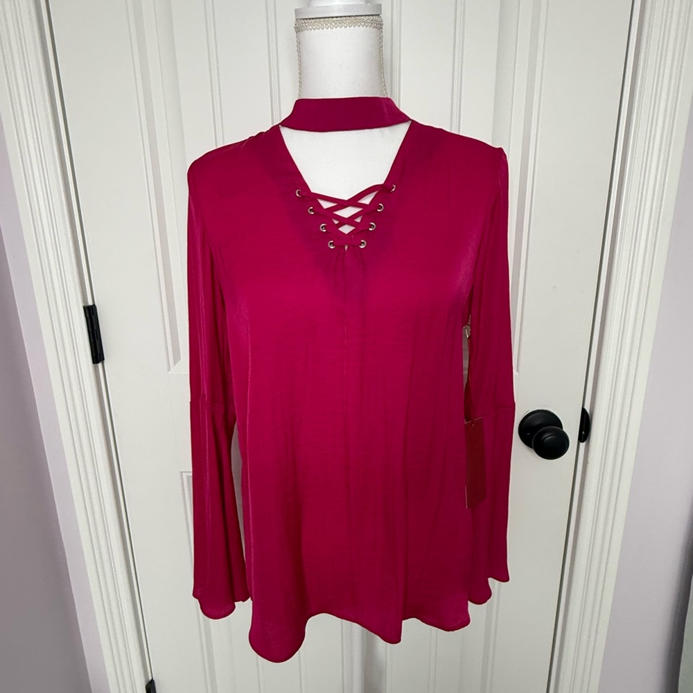 Jennifer Lopez Magenta Lace-Up Choker Silky Blouse